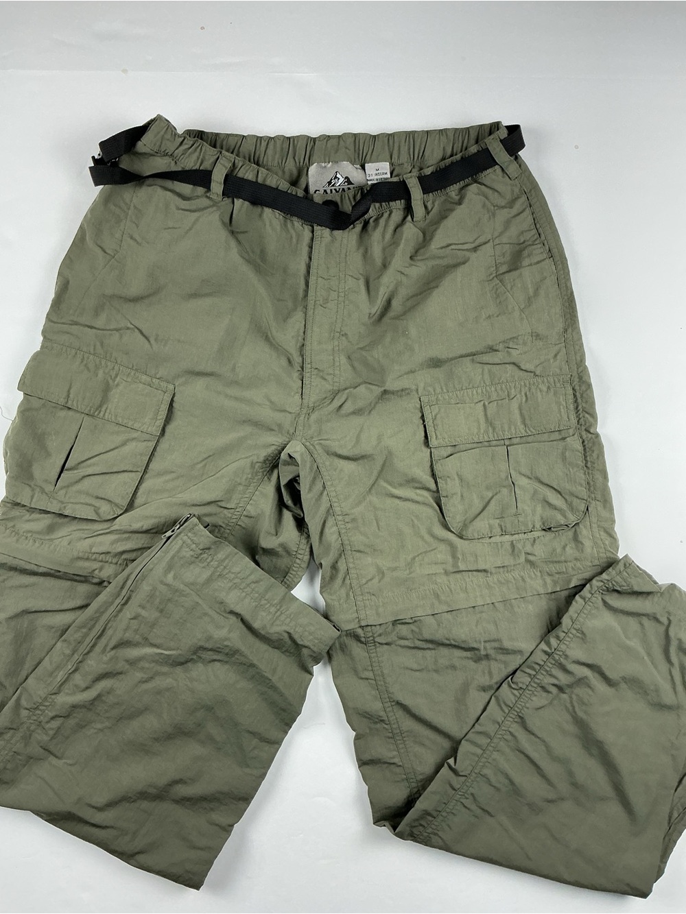 Men's Olive Cargo hiking Pants with zippered pants legs Black Webbing Belt
